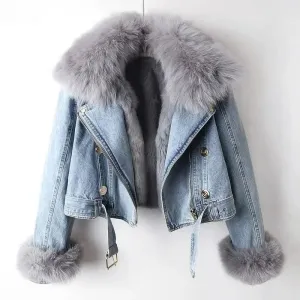 New Women Faux Fox Fur Collar Jean Coat (Rabbit Fur)