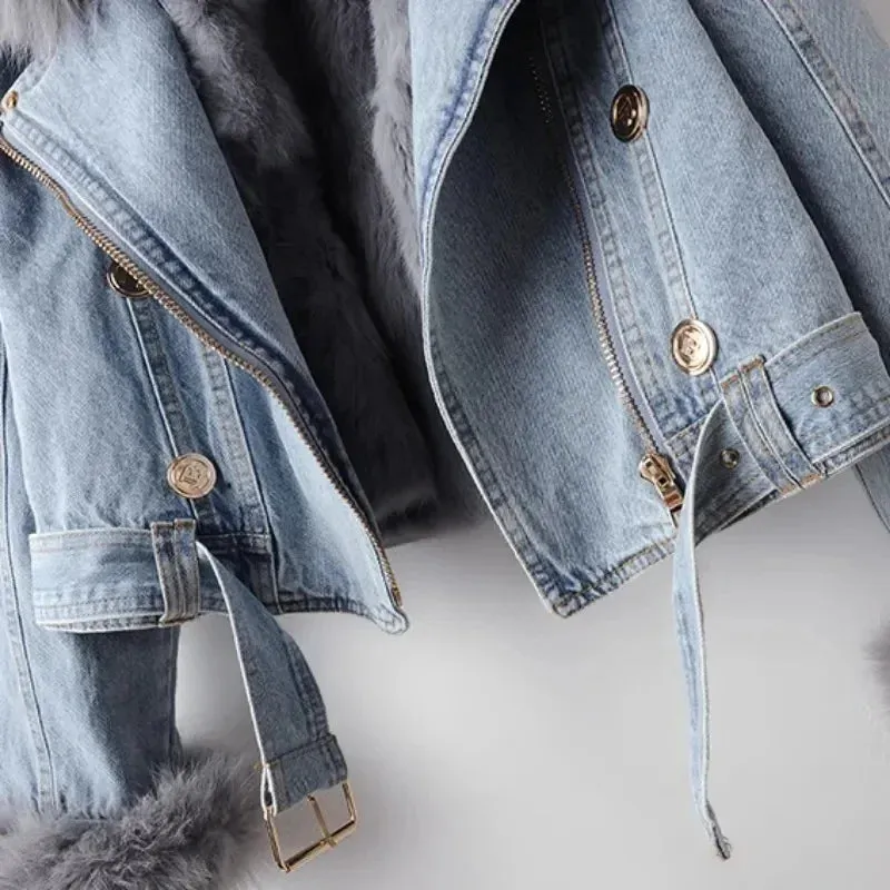 New Women Faux Fox Fur Collar Jean Coat (Rabbit Fur)