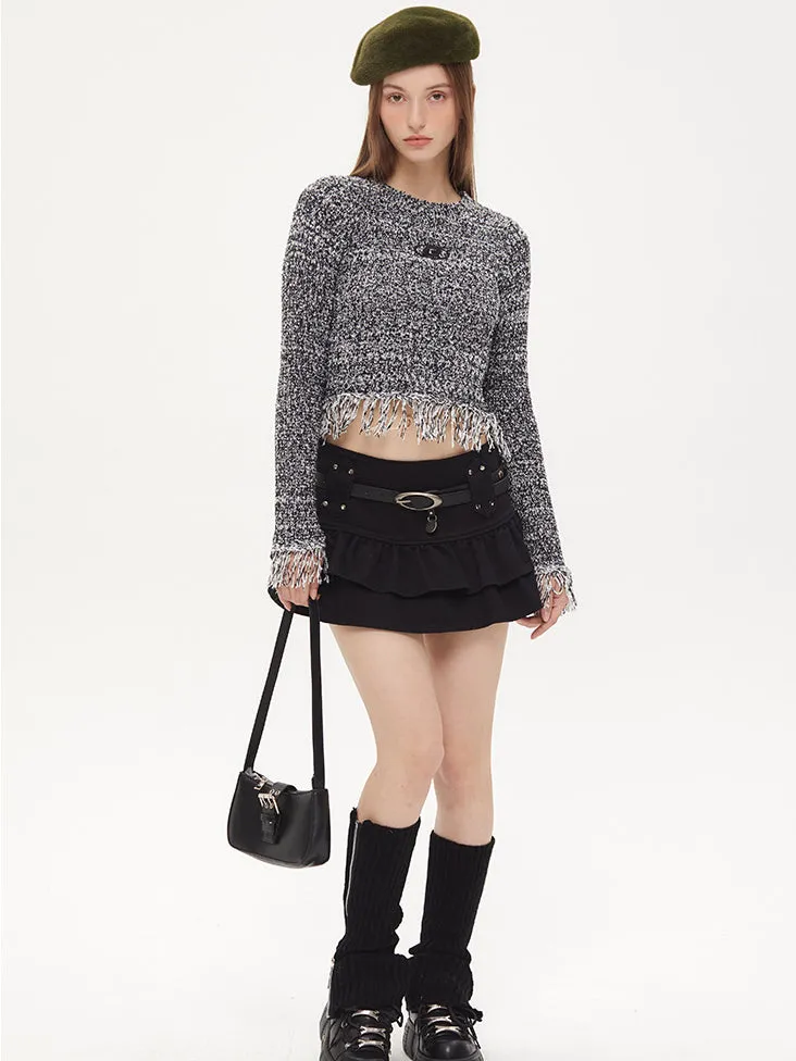 Nvuvu Knit Fringed Hem Ribbed Texture Sweater