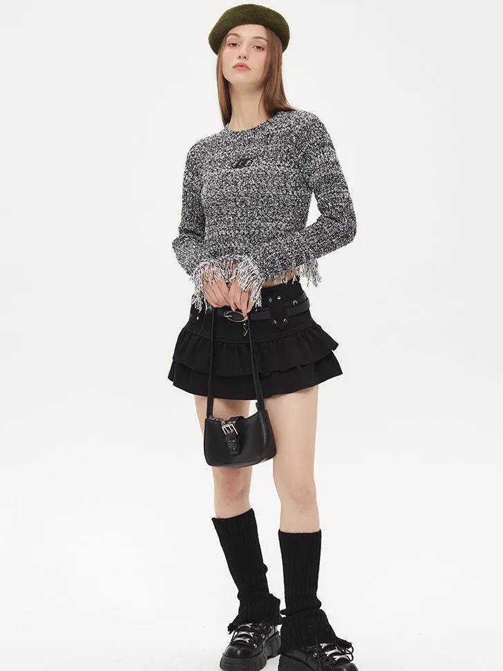 Nvuvu Knit Fringed Hem Ribbed Texture Sweater