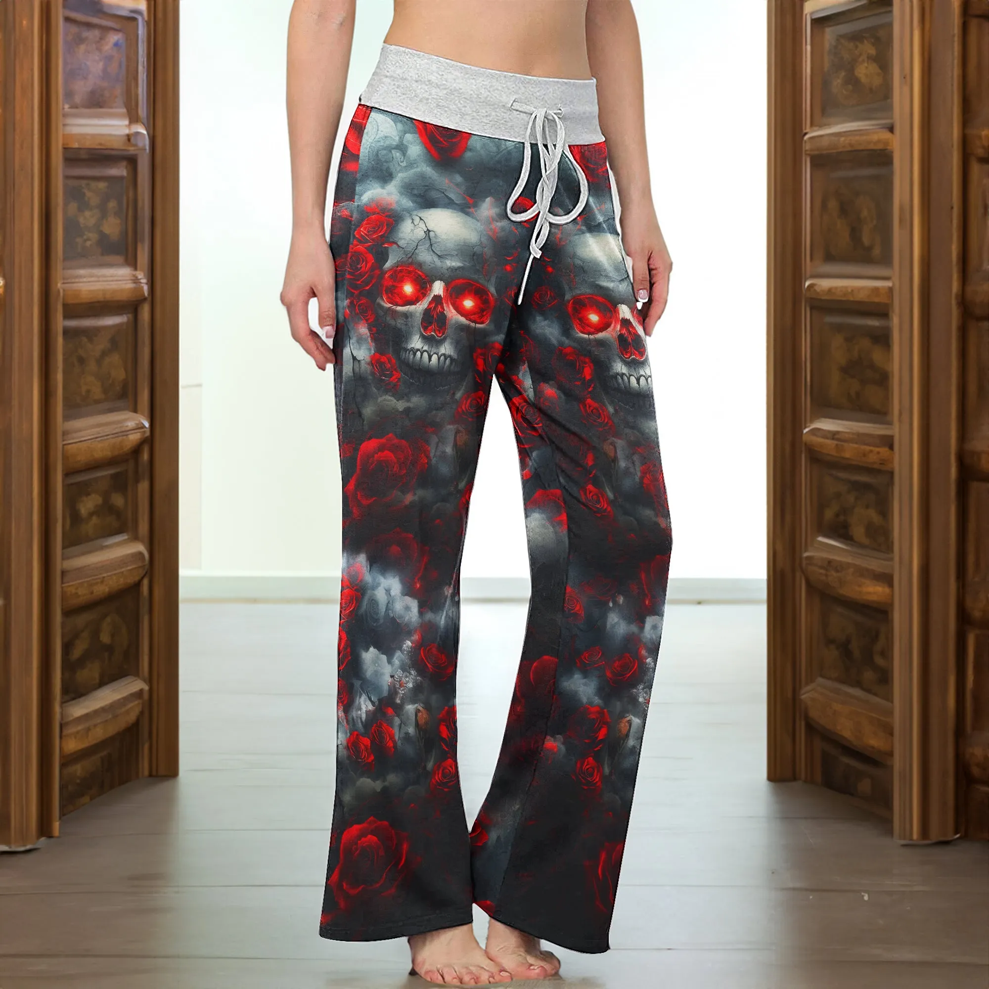 Red Skull Rose Gothic Women's High-waisted Wide Leg Pants