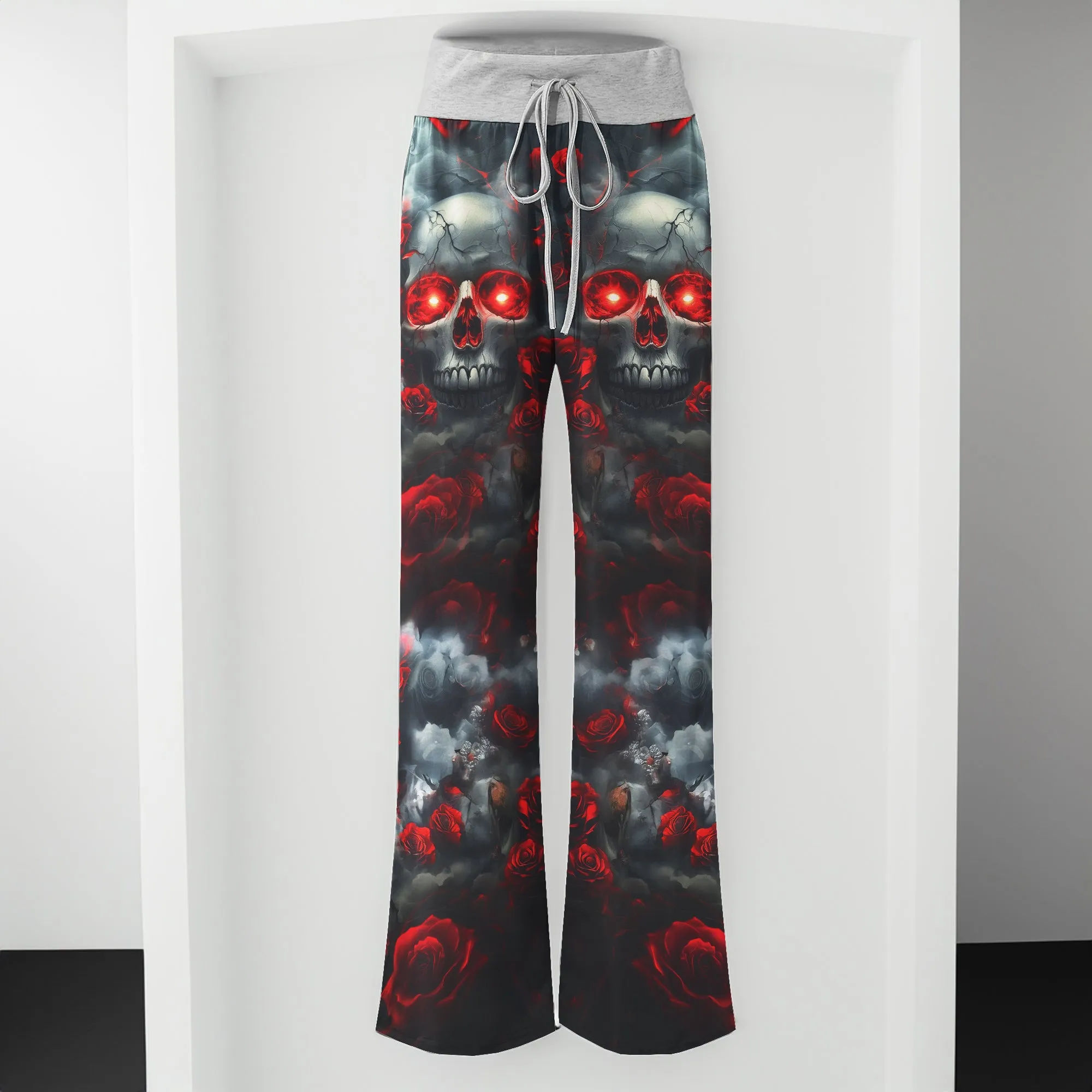 Red Skull Rose Gothic Women's High-waisted Wide Leg Pants