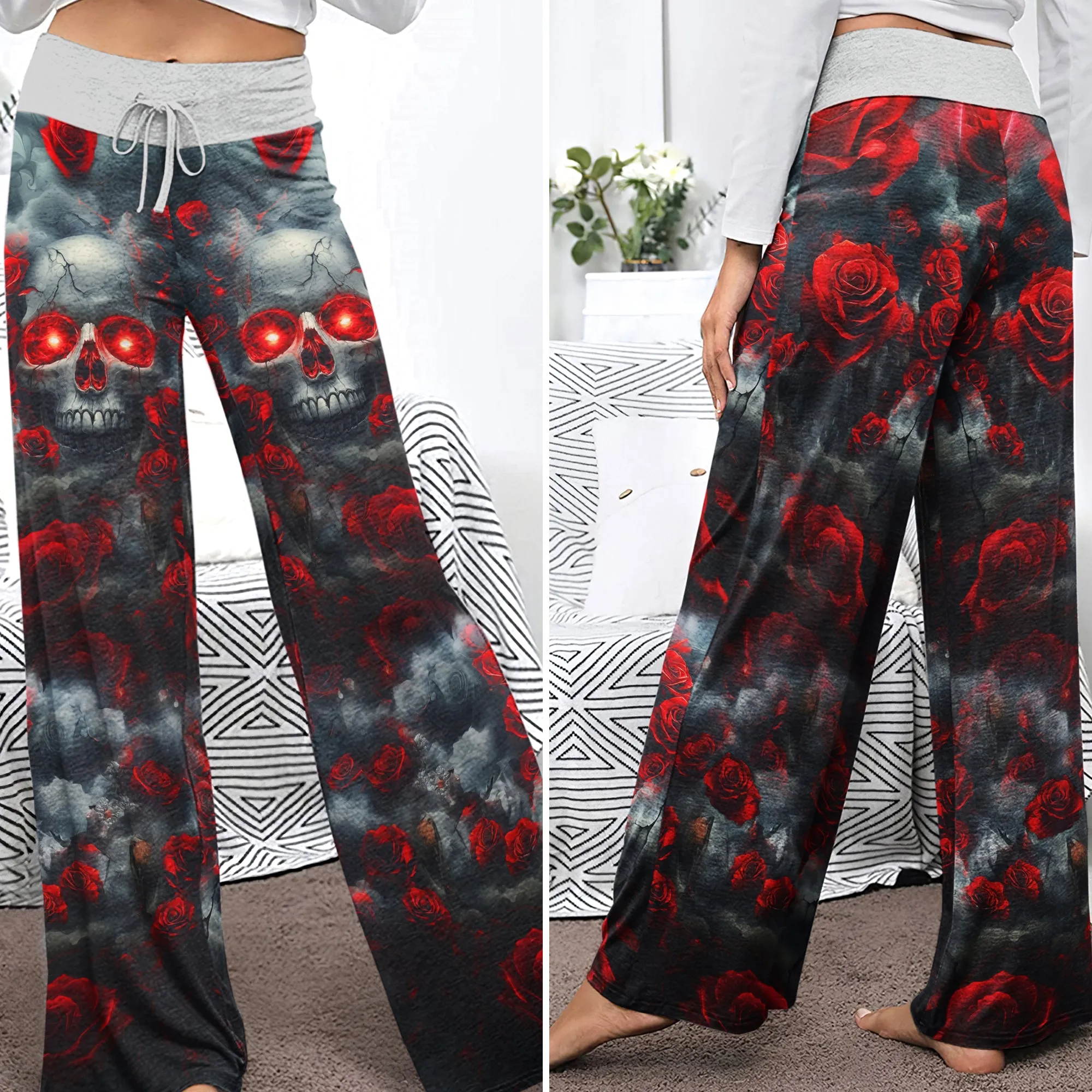 Red Skull Rose Gothic Women's High-waisted Wide Leg Pants