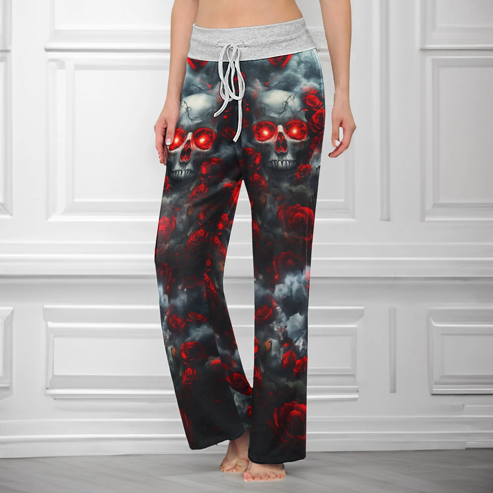 Red Skull Rose Gothic Women's High-waisted Wide Leg Pants