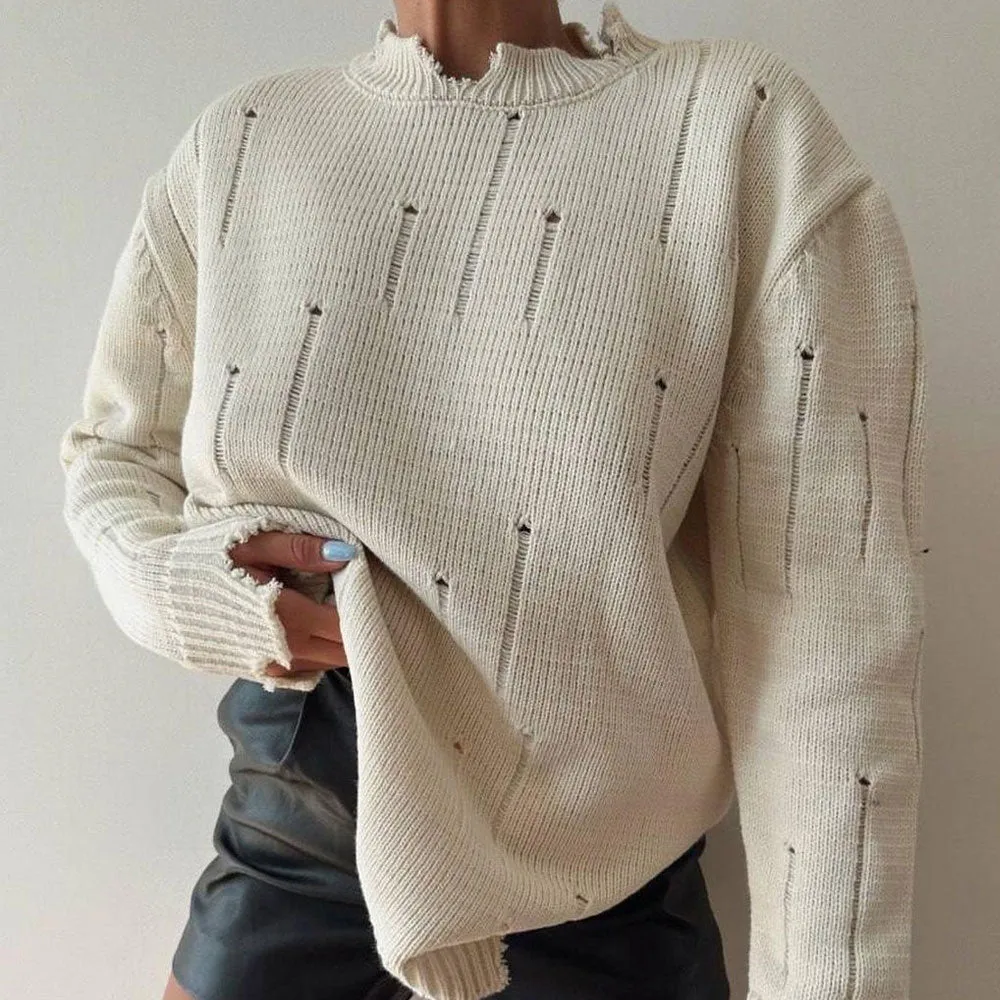 Rugged Frayed Crew Neck Drop Shoulder Long Sleeve Oversized Ripped Knit Sweater