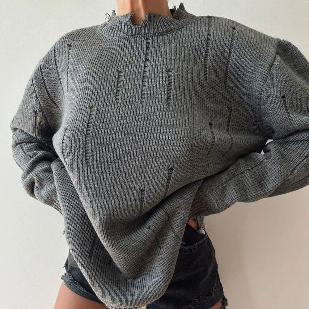 Rugged Frayed Crew Neck Drop Shoulder Long Sleeve Oversized Ripped Knit Sweater