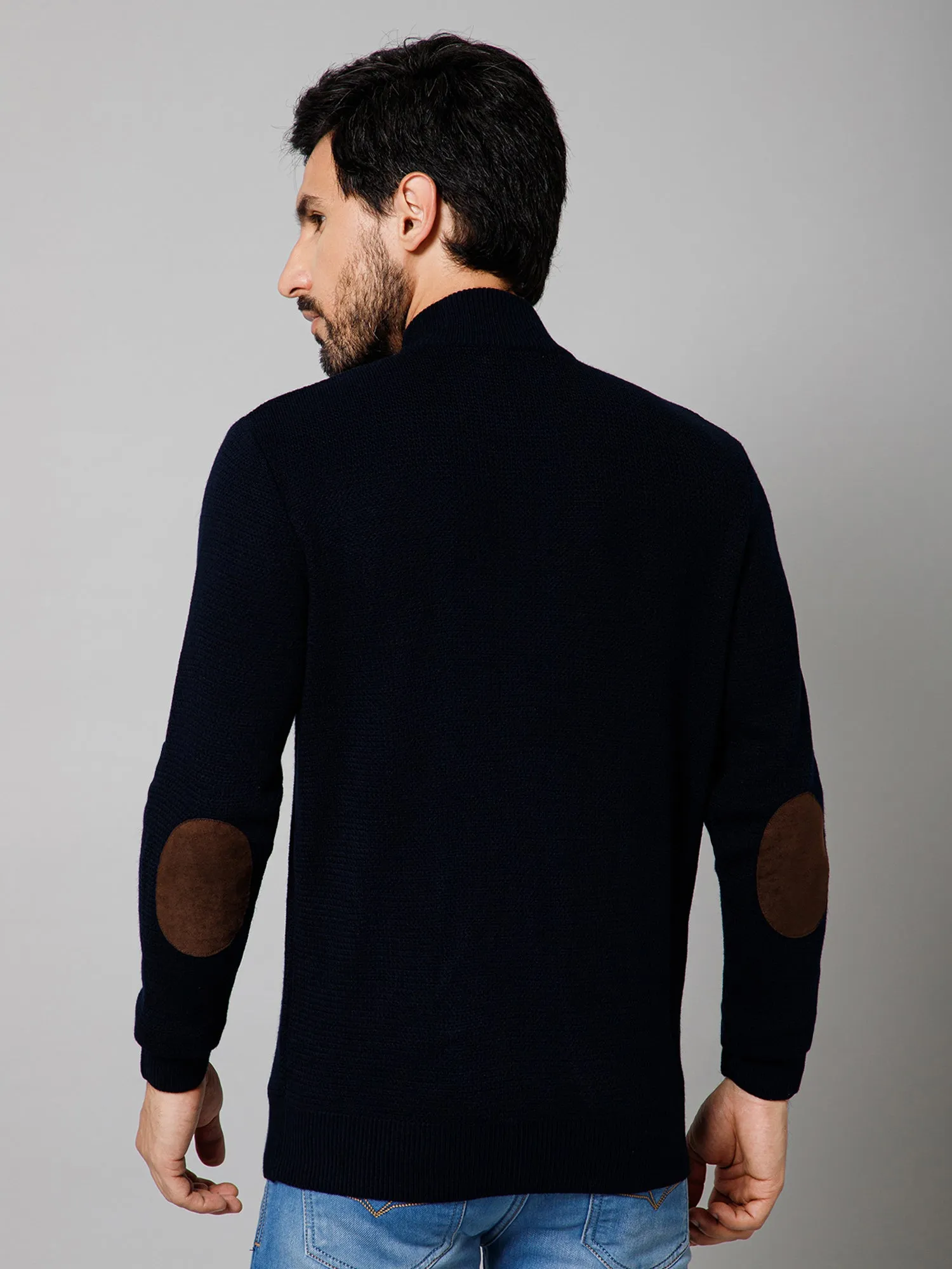 Self Design Navy Blue Mock Neck Full Sleeves Regular Fit Casual Sweater For Mens