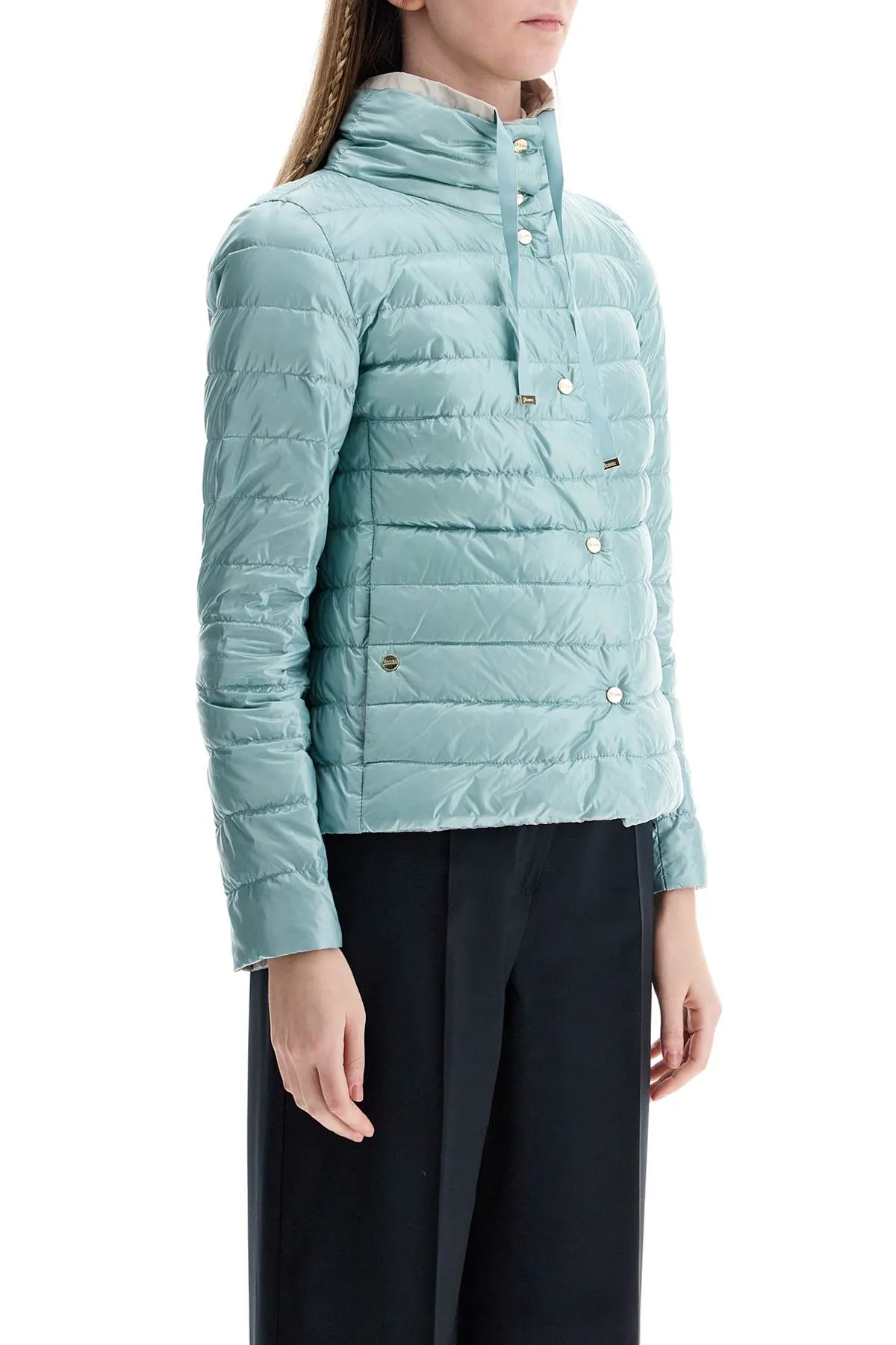 Short Puffer Jacket In Ice Blue Nylon With Metal Buttons