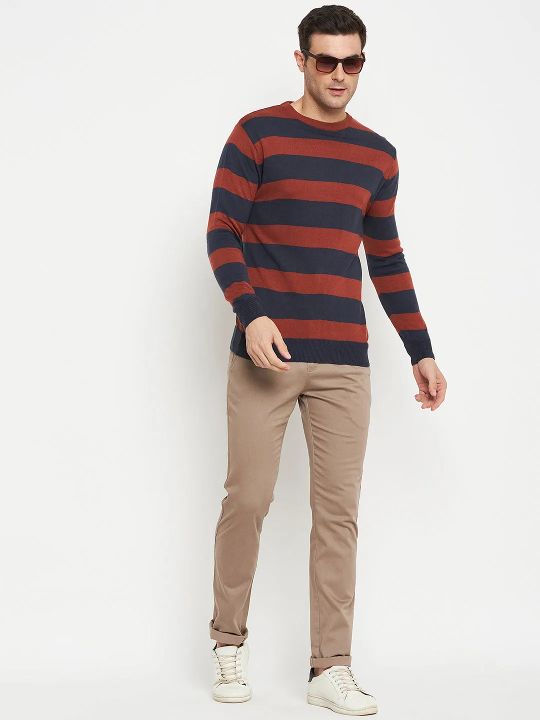 Striped Rust Full Sleeves Round Neck Regular Fit Casual Sweater for Men