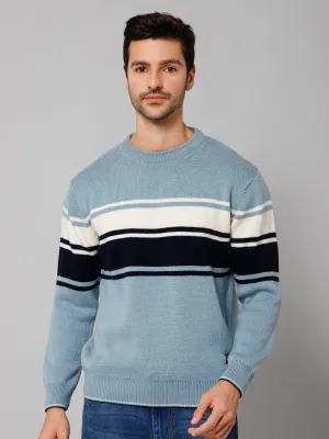 Striped Sky Blue Full Sleeves Round Neck Regular Fit Casual Sweater for Men