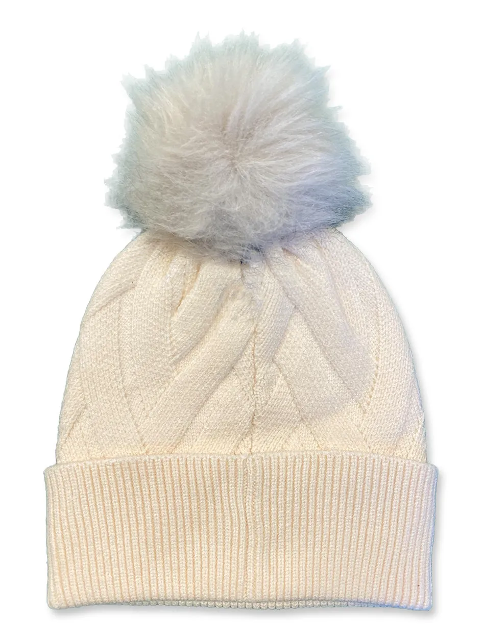 Texas Tech Cable Knit Fur Pompom Ivory Beanie