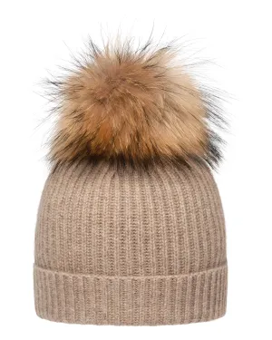 Unisex Ribbed Cashmere Hat With Detachable Pom Oatmeal Brown