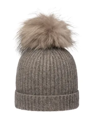 Unisex Ribbed Cashmere Hat With Detachable Pom Wood Smoke Brown