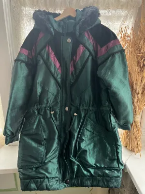 Vintage Early 90's Green Burgundy & Black Nylon Parka