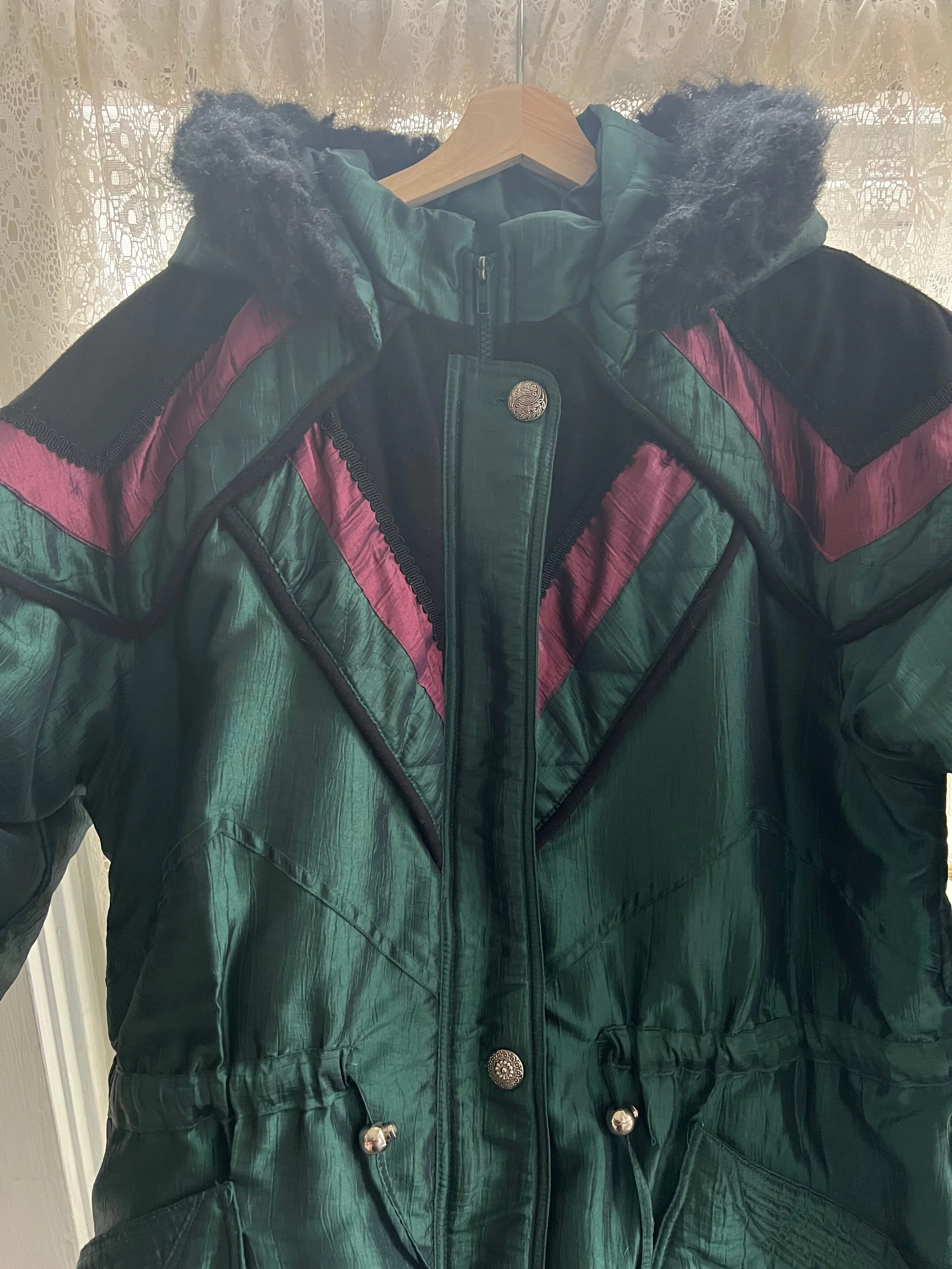 Vintage Early 90's Green Burgundy & Black Nylon Parka