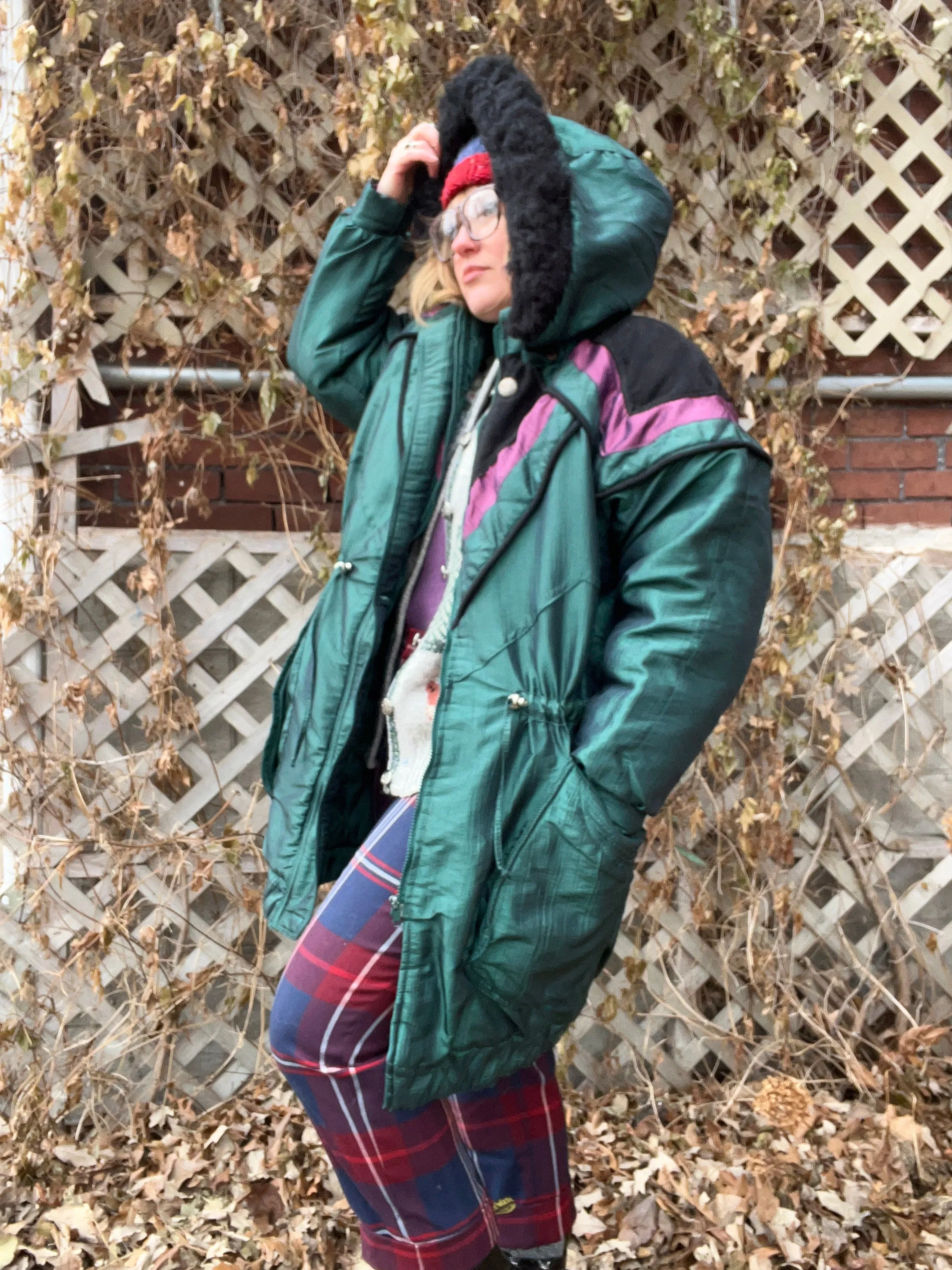 Vintage Early 90's Green Burgundy & Black Nylon Parka