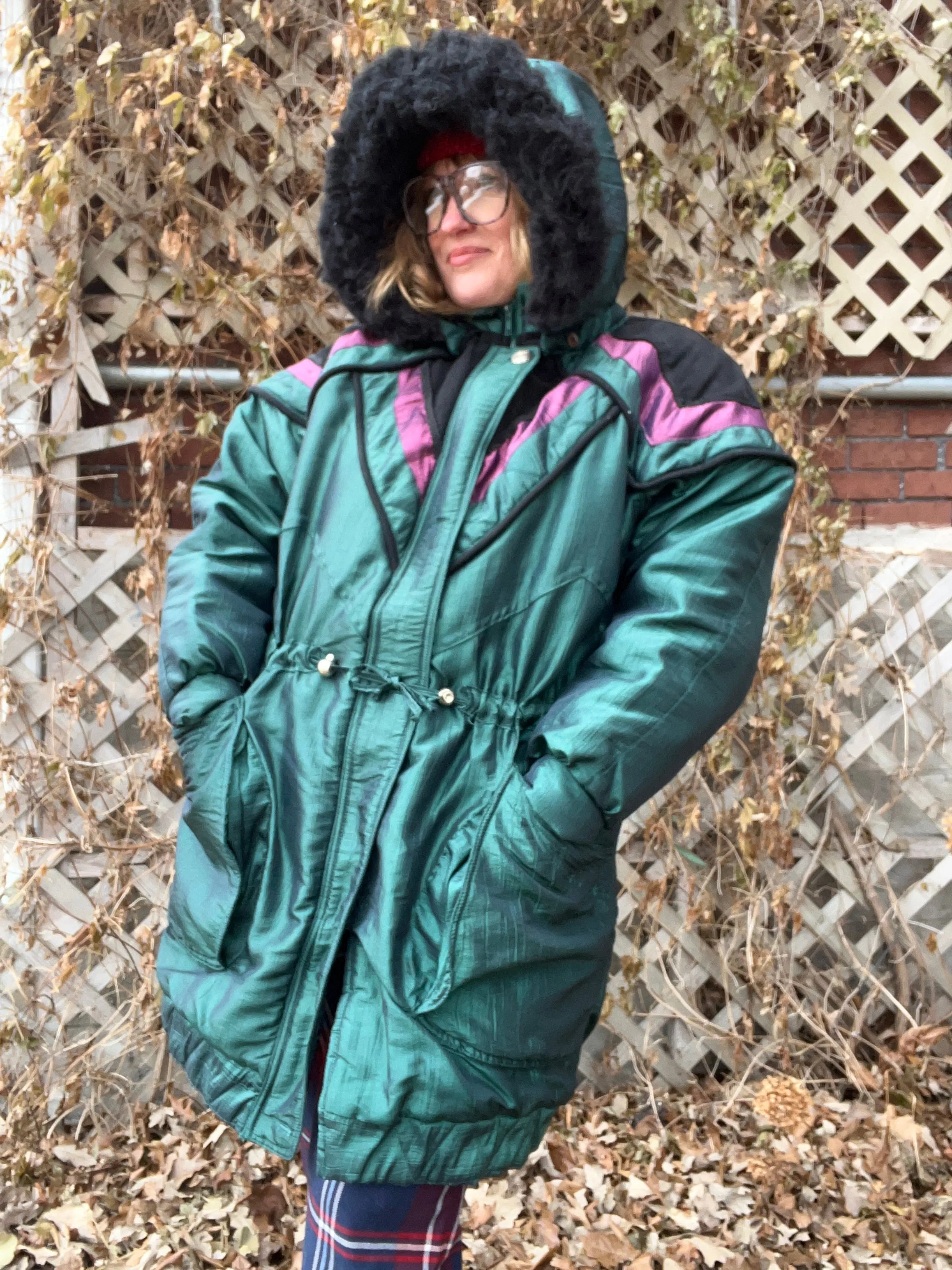 Vintage Early 90's Green Burgundy & Black Nylon Parka