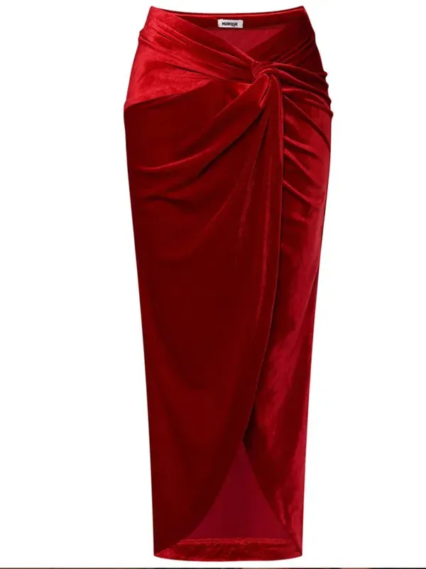 Vintage Red Velvet Prom Gowns Strapless Lace Up Top Suits Women Sexy Slim High Slit Pleated Skirts Sets Lady Elegant Prom Party