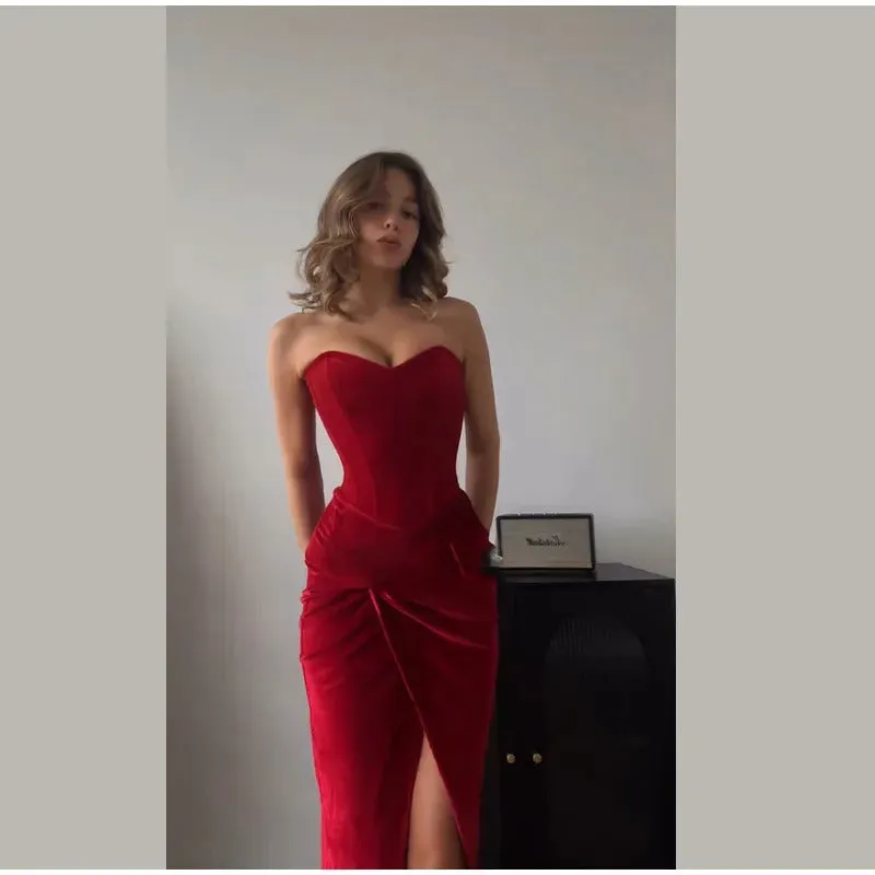 Vintage Red Velvet Prom Gowns Strapless Lace Up Top Suits Women Sexy Slim High Slit Pleated Skirts Sets Lady Elegant Prom Party