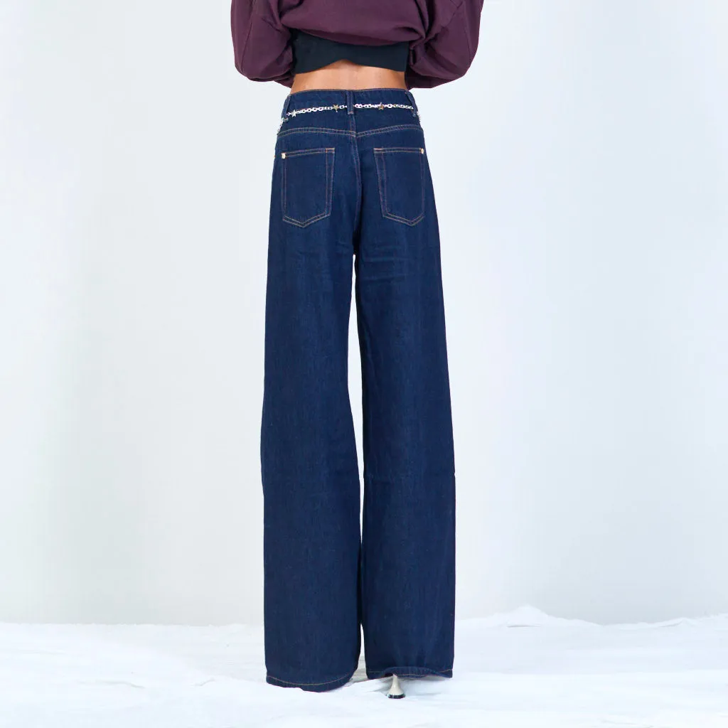 Wide-leg denim jeans with chain detail wholesale