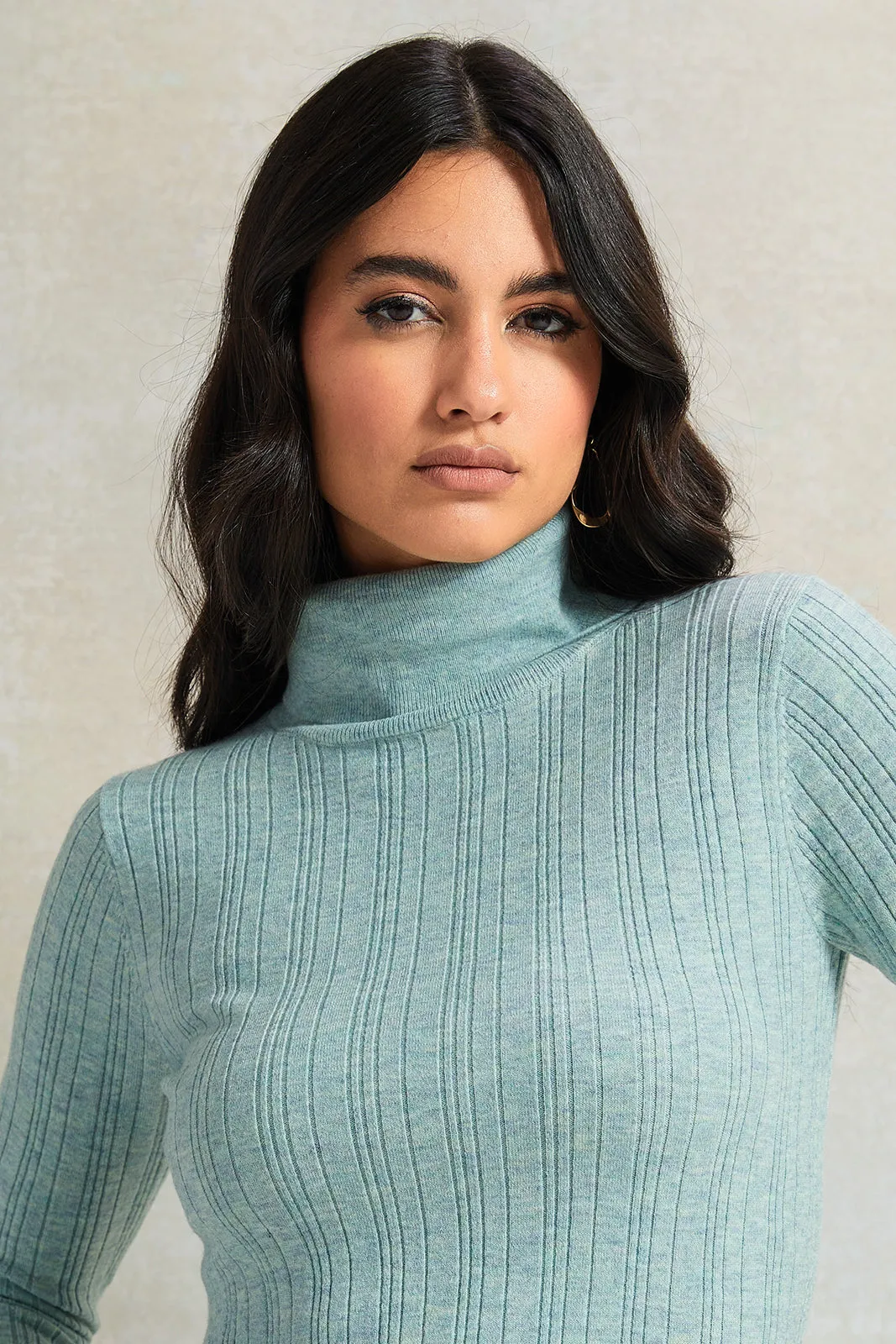 Women Blue Textured High Neck Sweater