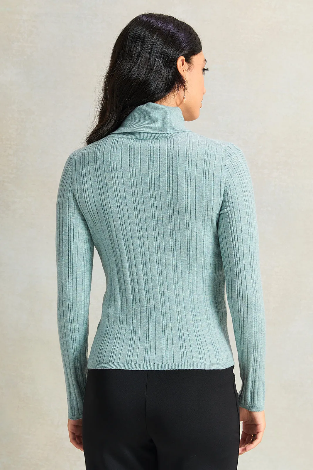 Women Blue Textured High Neck Sweater