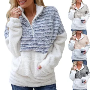 Women color block winter warm faux fur quarter zip sweatshirt