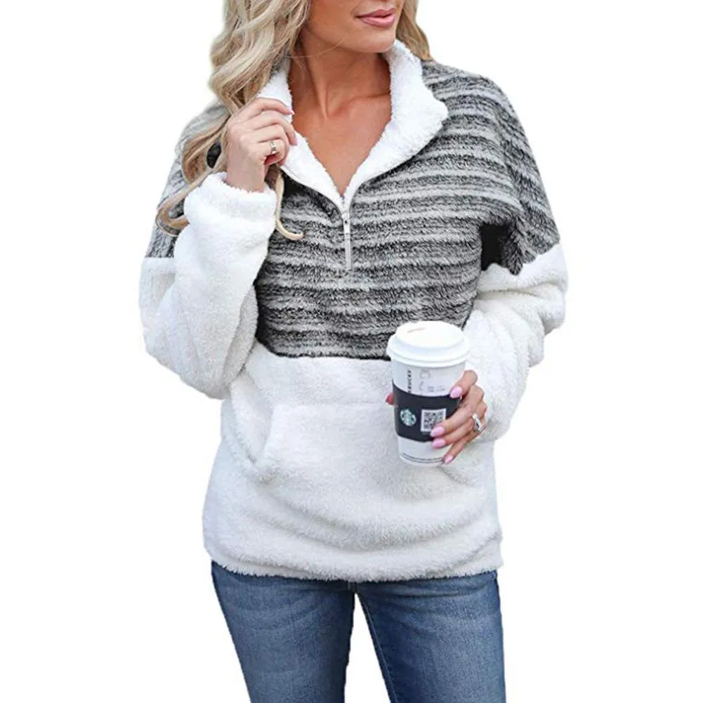 Women color block winter warm faux fur quarter zip sweatshirt