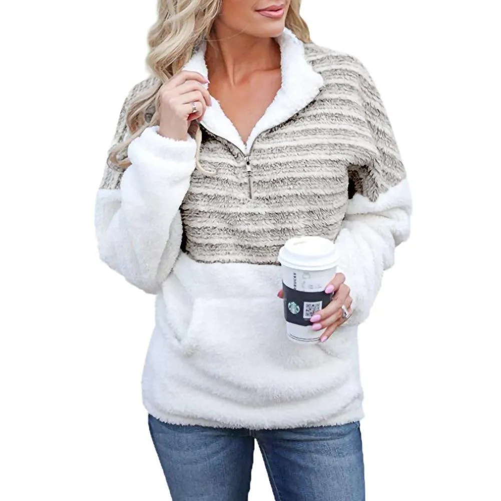 Women color block winter warm faux fur quarter zip sweatshirt