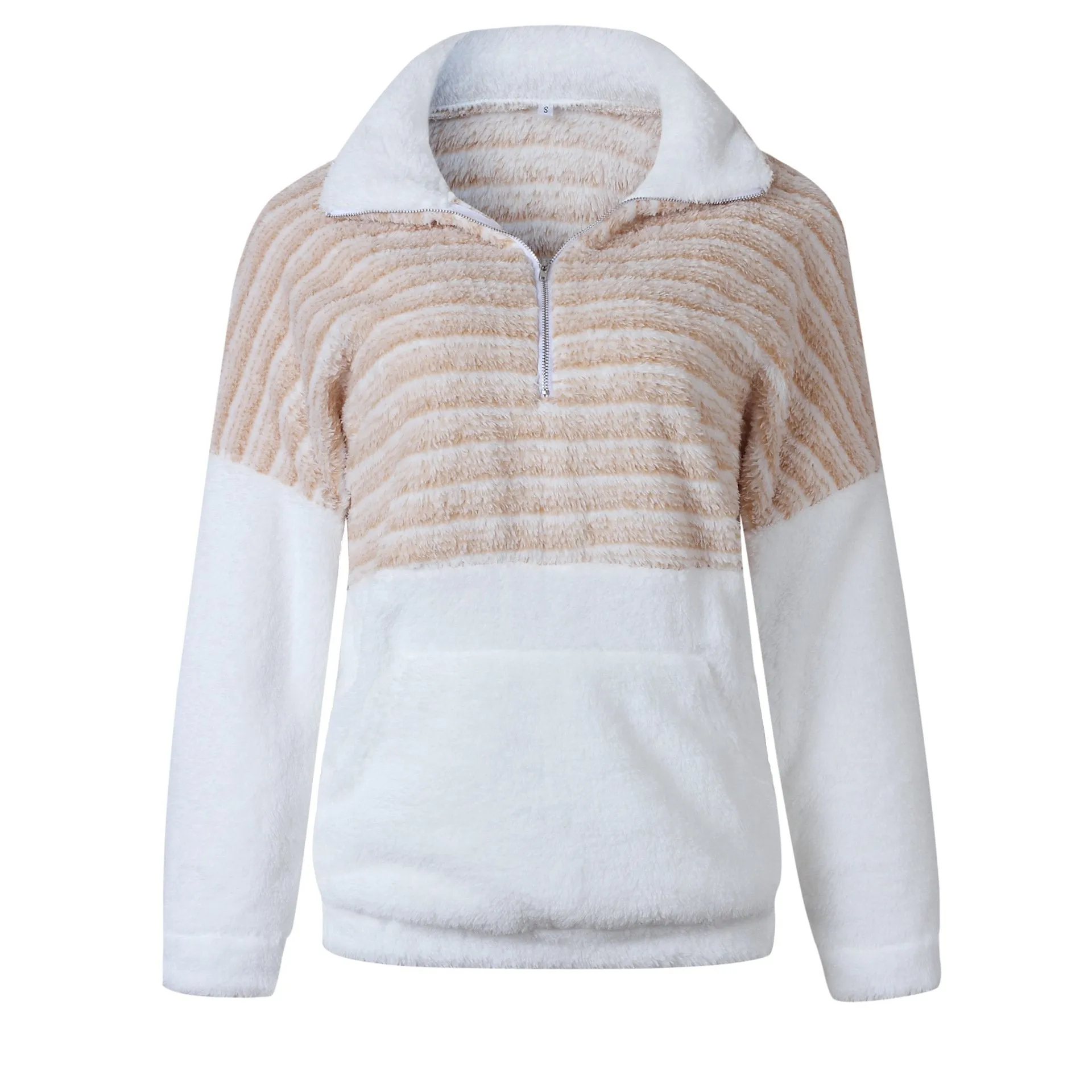 Women color block winter warm faux fur quarter zip sweatshirt