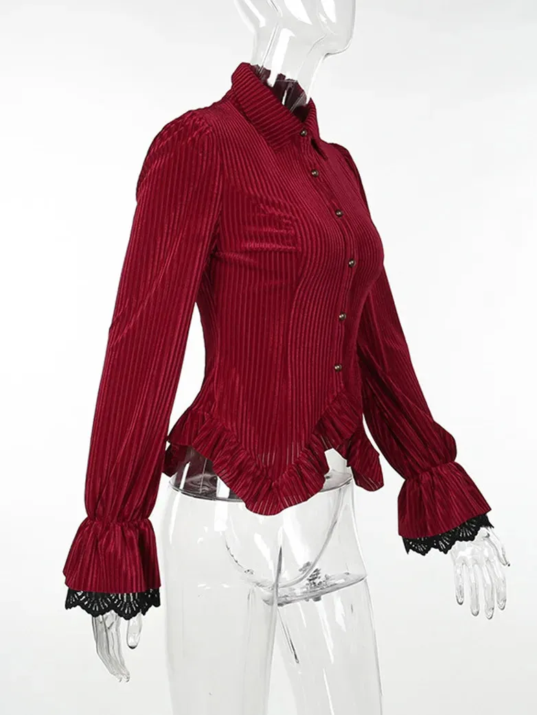 Women Victorian Goth Shirt Velvet Striped Blouse