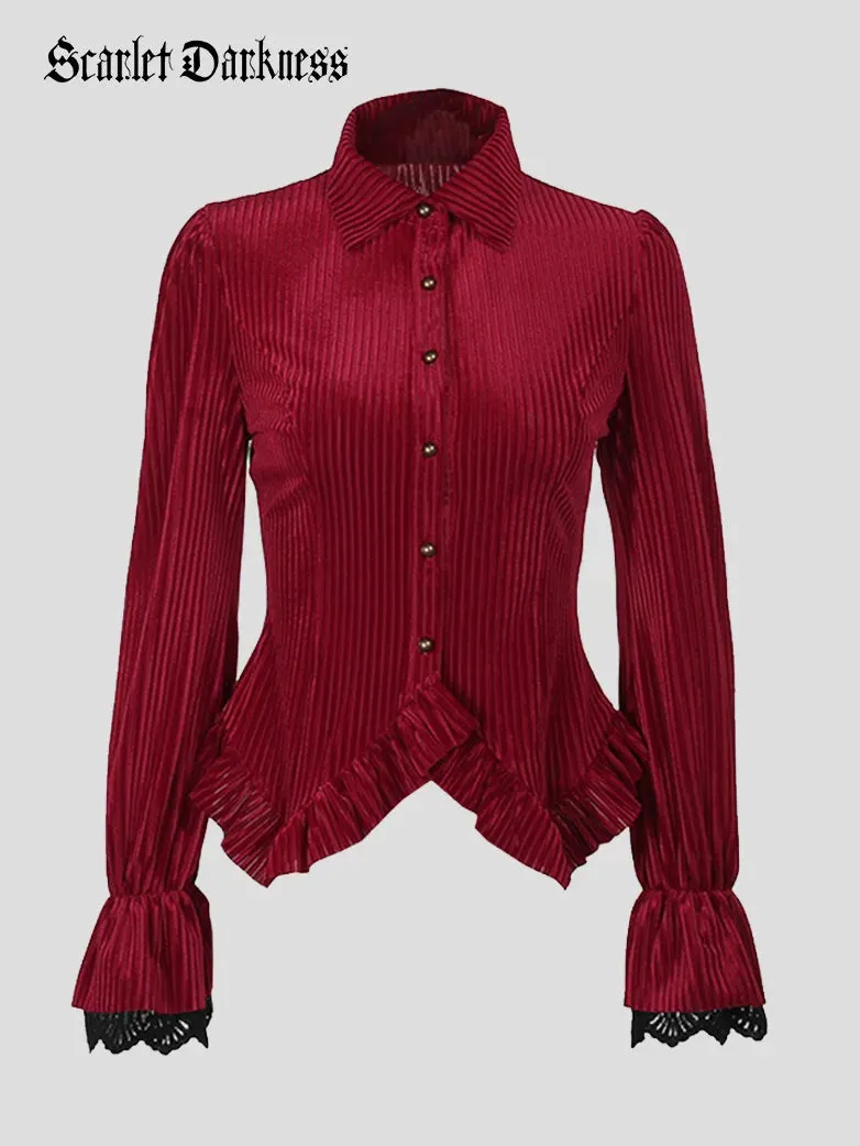 Women Victorian Goth Shirt Velvet Striped Blouse