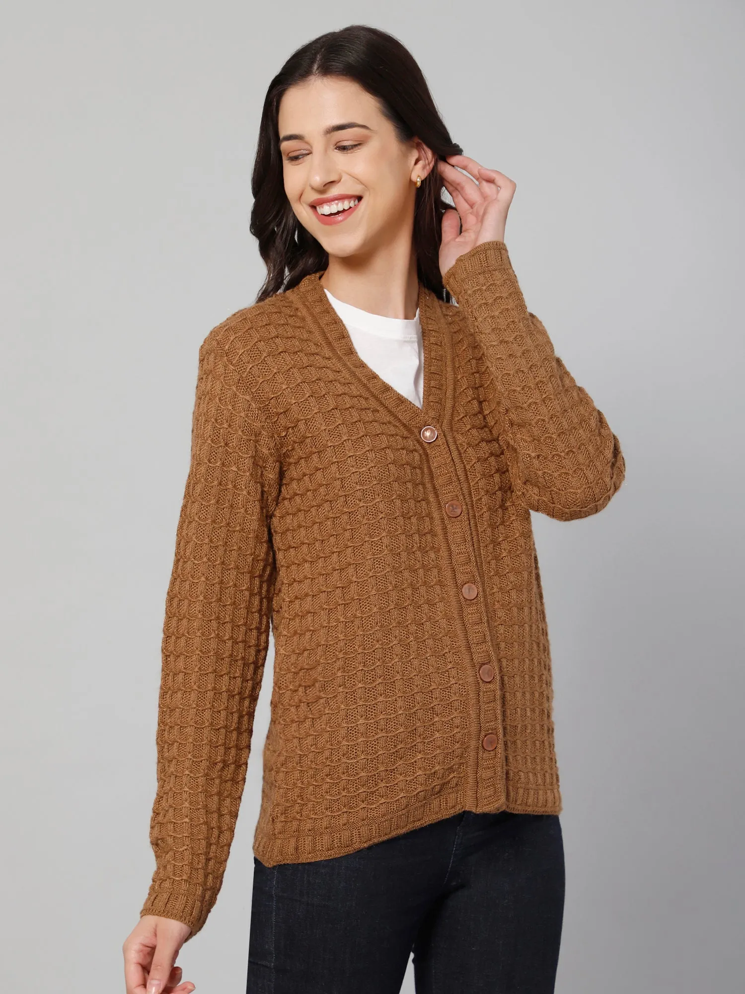 Women's Casual  Brown V neck Cardigan Sweater