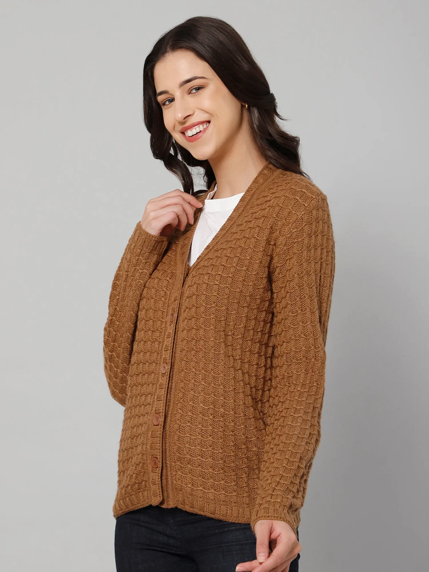 Women's Casual  Brown V neck Cardigan Sweater