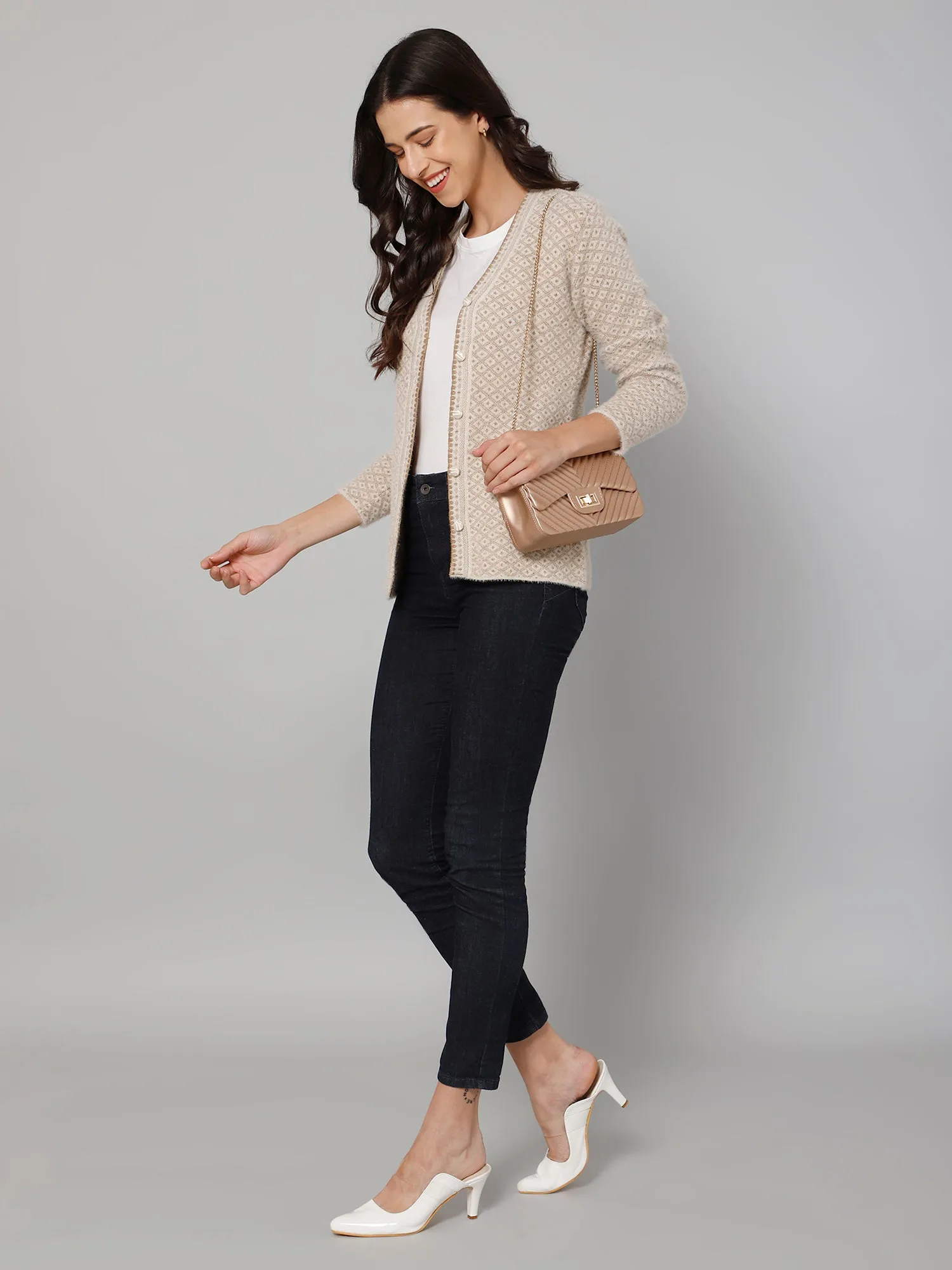 Women's Casual  Fawn V neck Cardigan Sweater