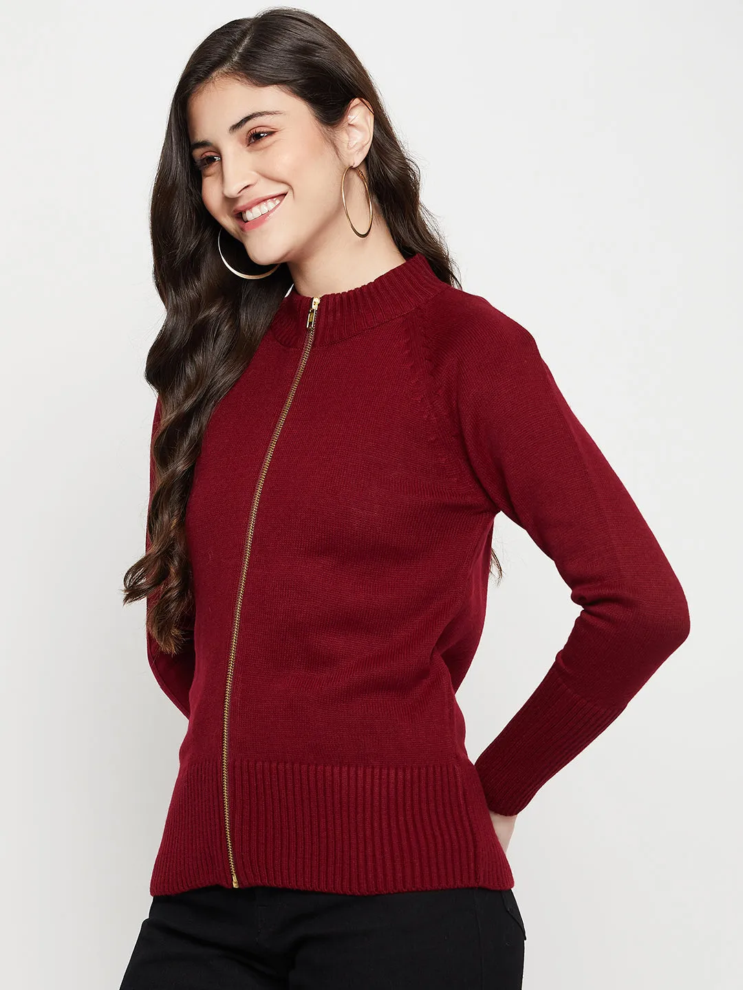 Women's Casual  Maroon High neck Zipthru Cardigan Sweater