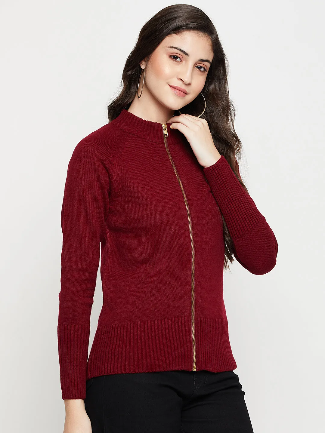 Women's Casual  Maroon High neck Zipthru Cardigan Sweater