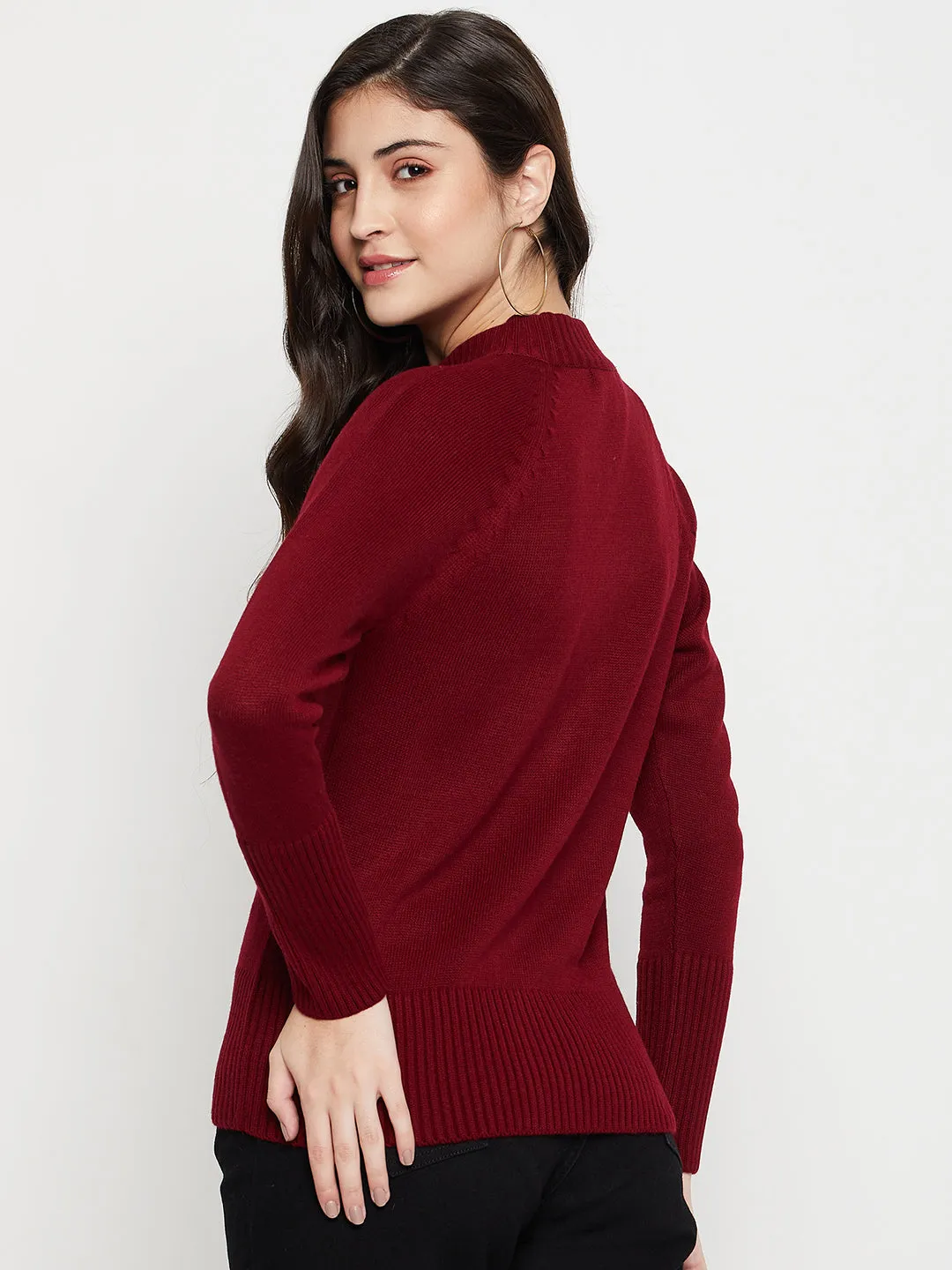 Women's Casual  Maroon High neck Zipthru Cardigan Sweater