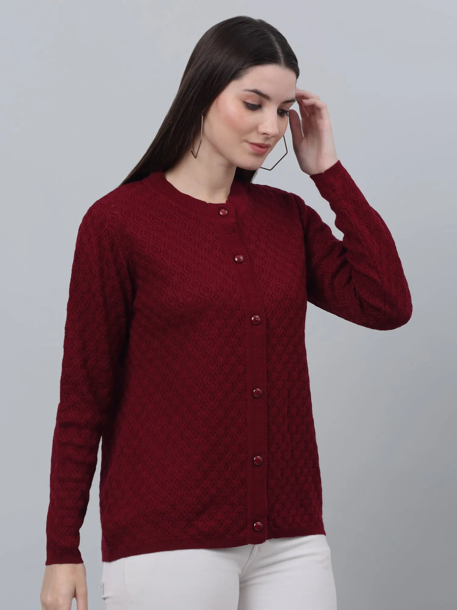 Women's Casual  Maroon Round neck Cardigan Sweater