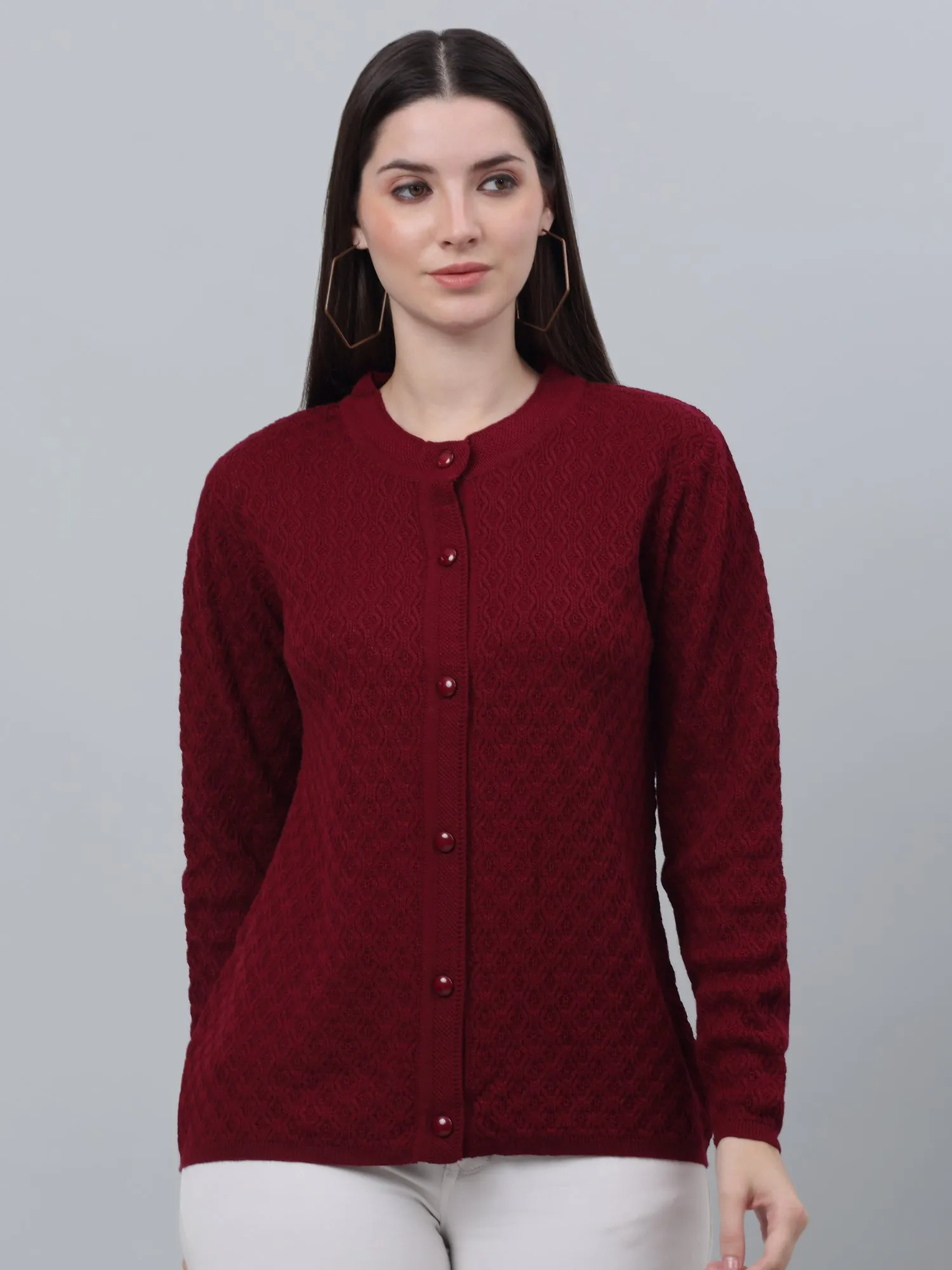 Women's Casual  Maroon Round neck Cardigan Sweater