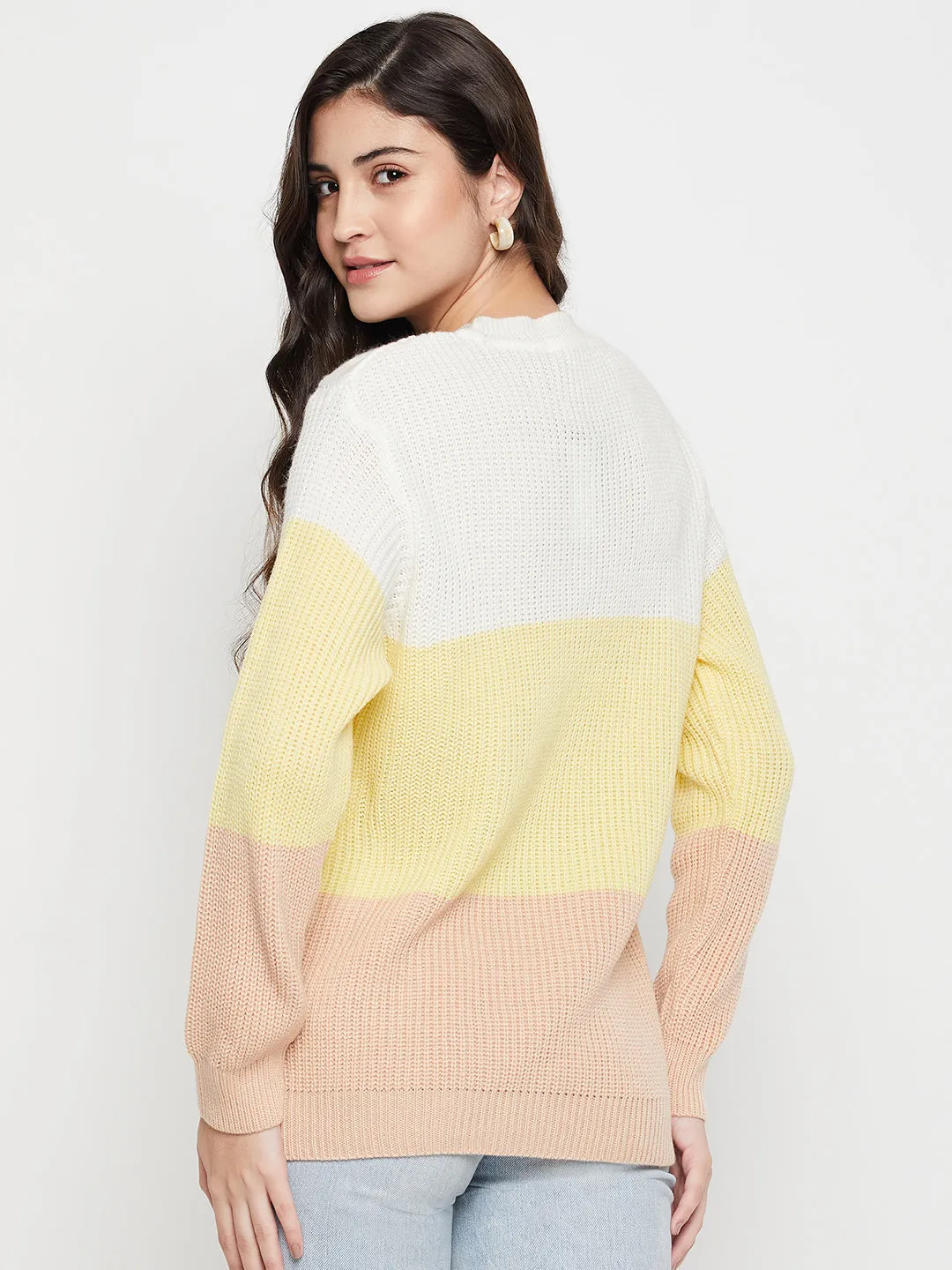 Women's Casual  OffWhite Round neck Color Block Pullover Sweater