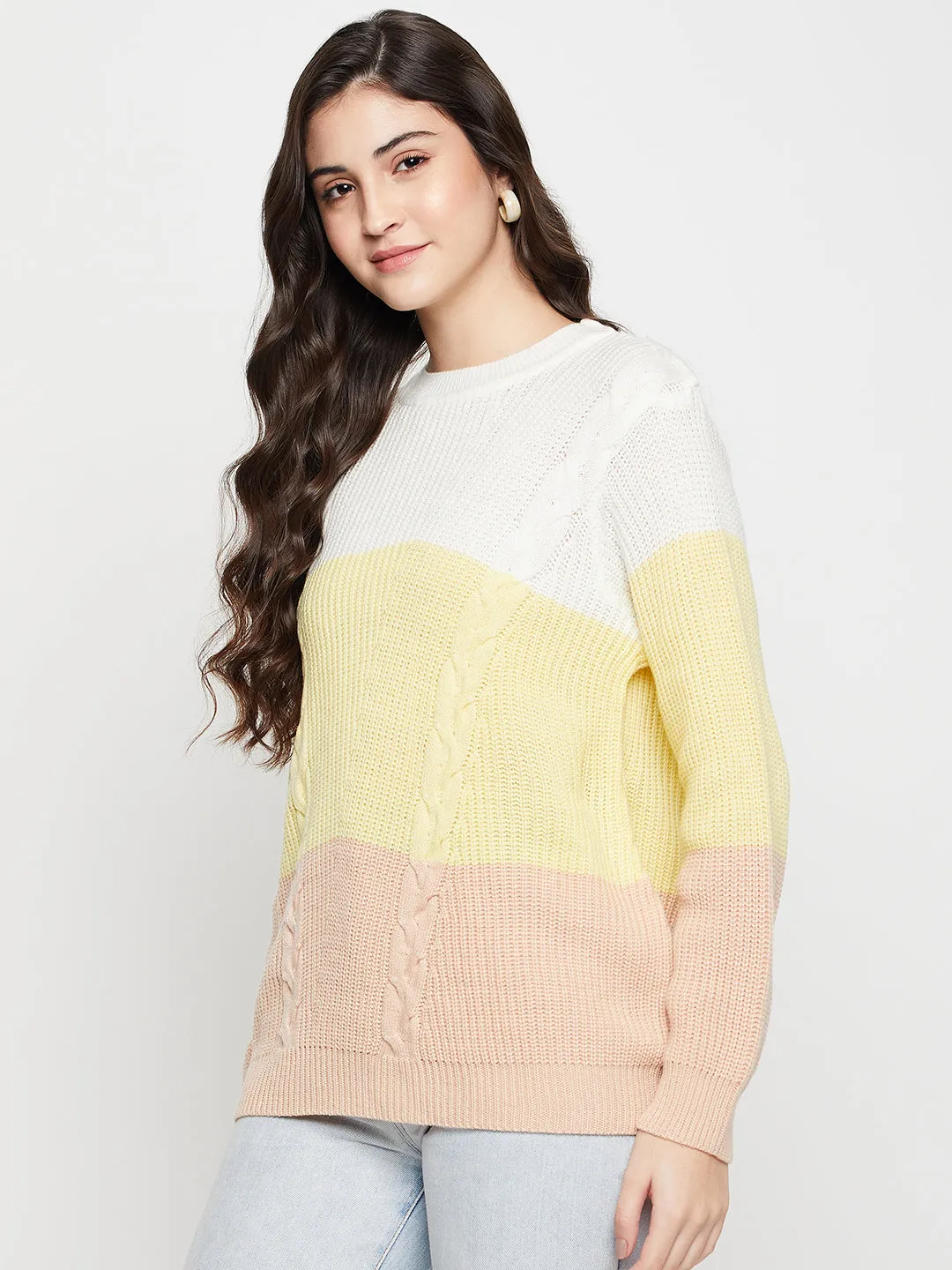 Women's Casual  OffWhite Round neck Color Block Pullover Sweater