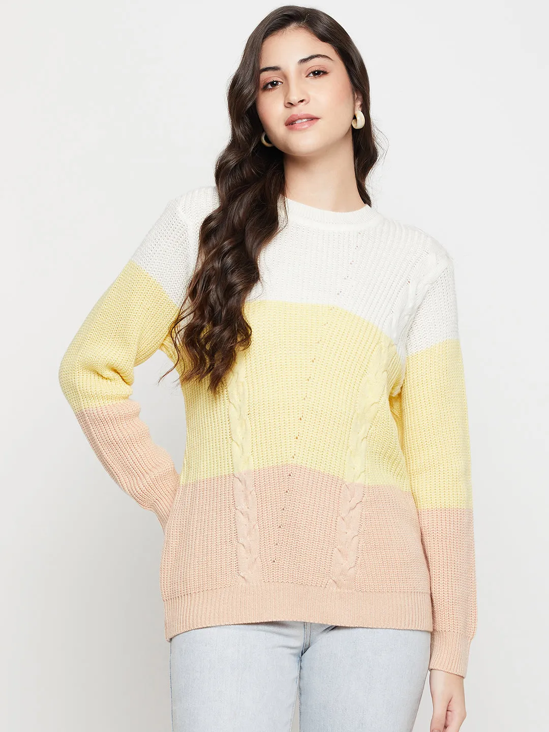 Women's Casual  OffWhite Round neck Color Block Pullover Sweater