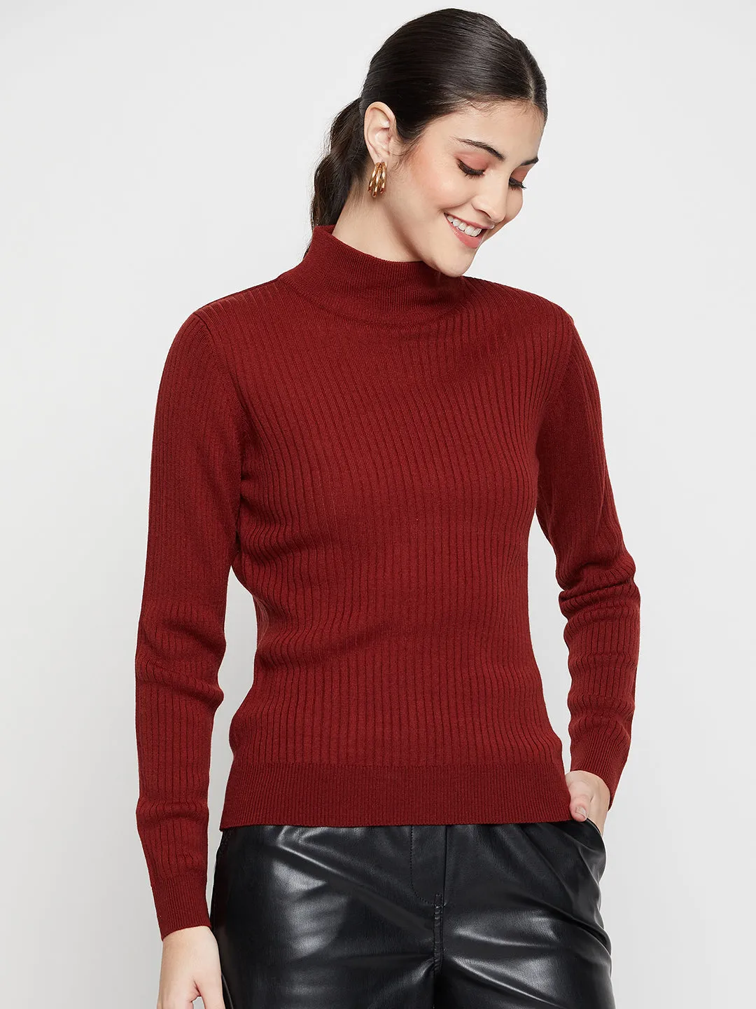 Women's Casual  Rust High neck Pullover Sweater