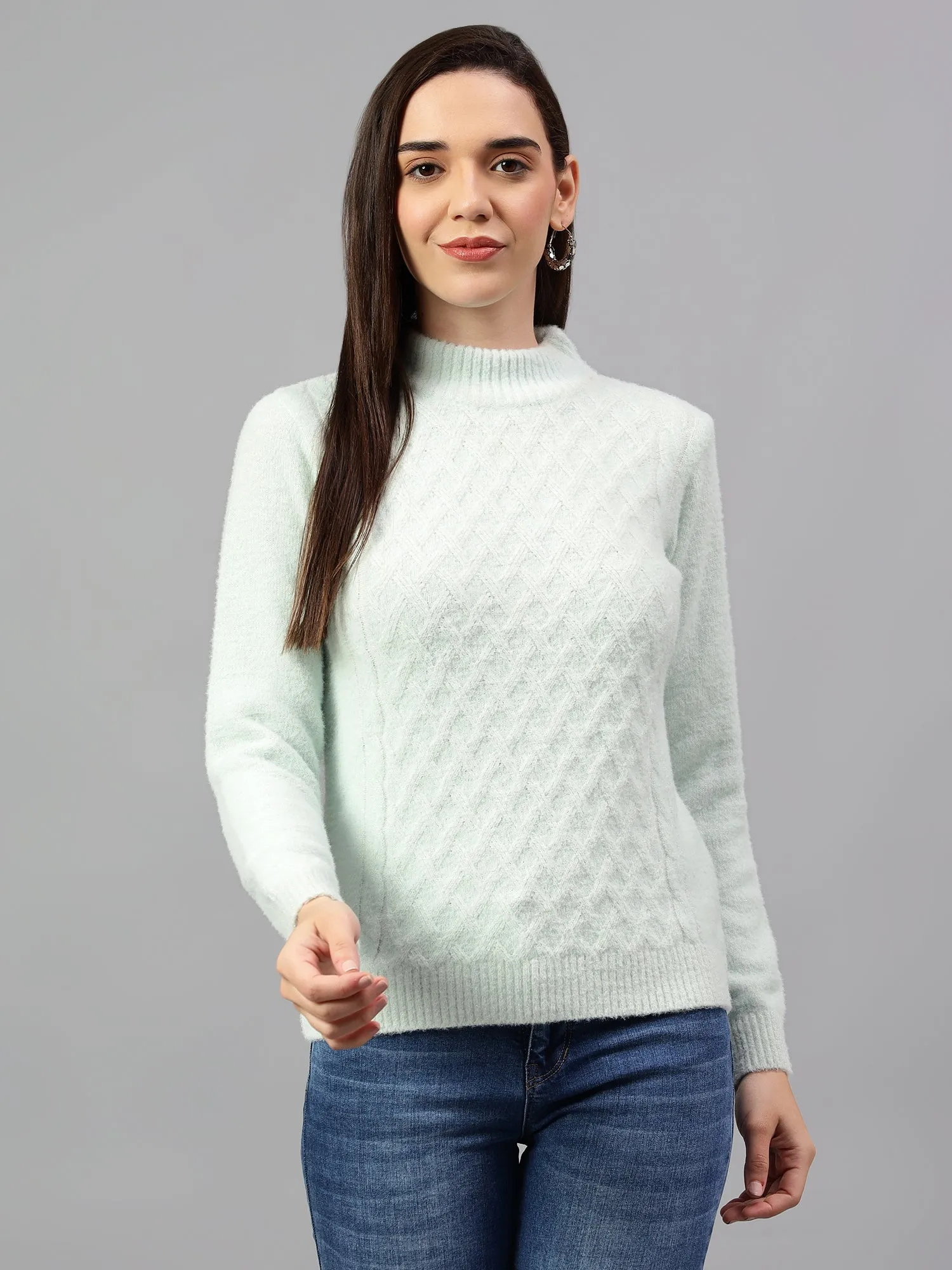 Women's Solid Aqua Full Sleeve Casual Sweater