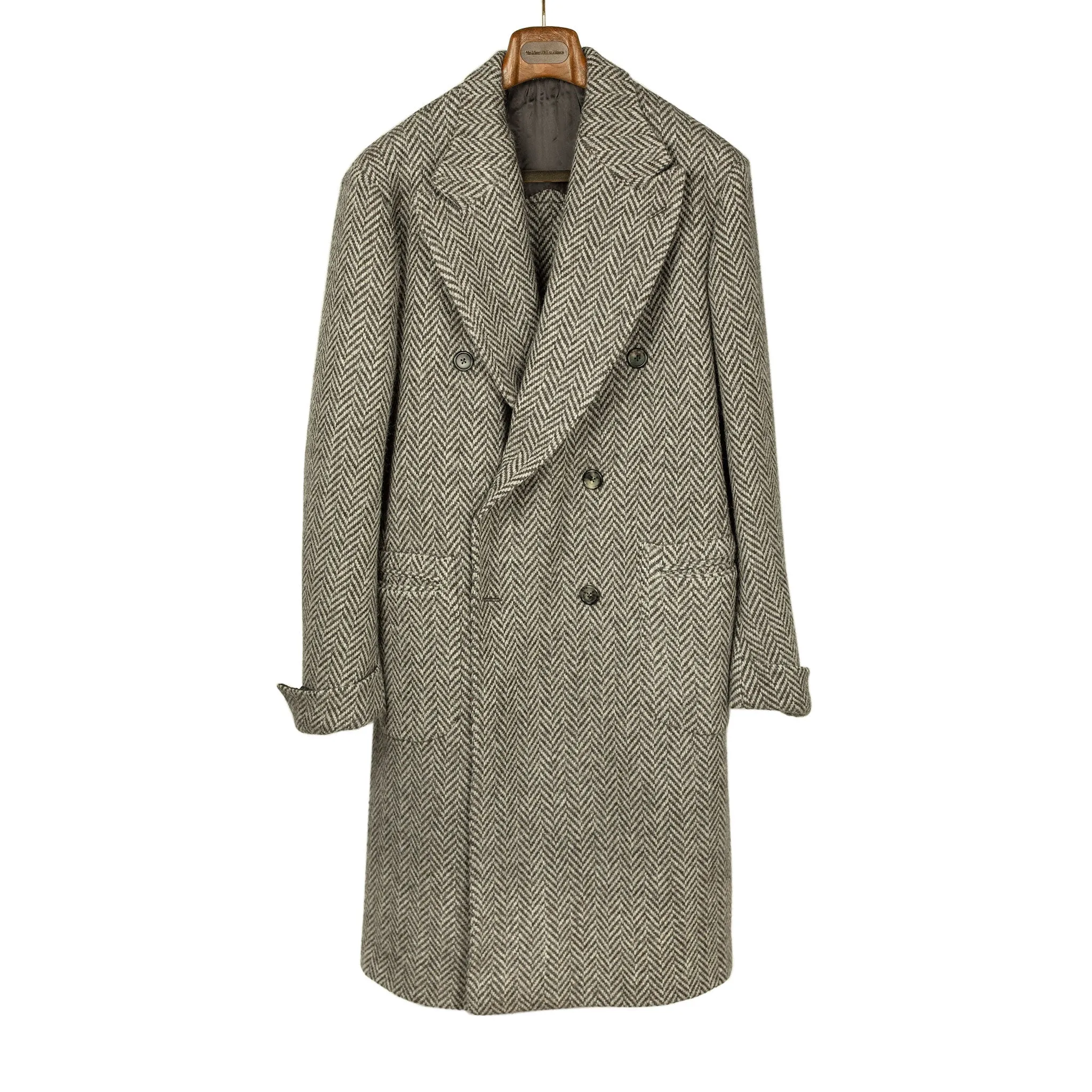 x Sartoria Carrara: Ulster double-breasted coat in grey and cream herringbone undyed wool