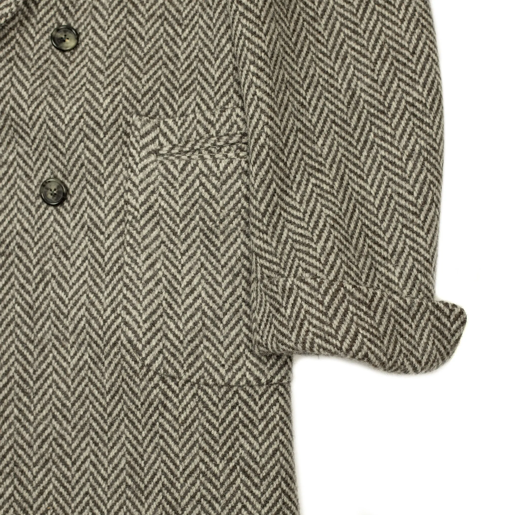 x Sartoria Carrara: Ulster double-breasted coat in grey and cream herringbone undyed wool