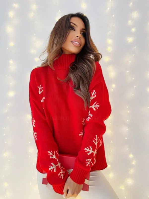 Xmas Snowflakes High-Neck Cozy Thanksgivings Sweater