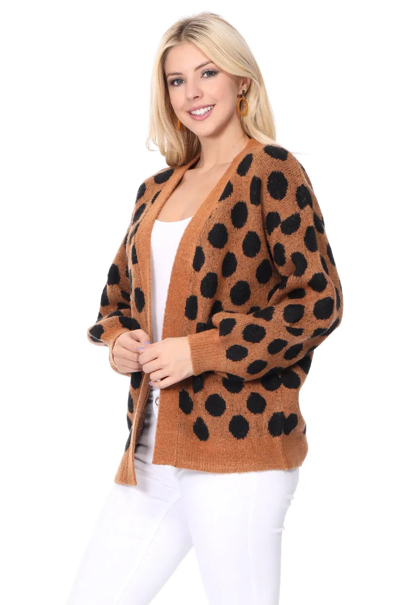 YEMAK Women's Chunky Polka Dot Open Front Long Sleeve Jacket Sweater Cardigan HK8254