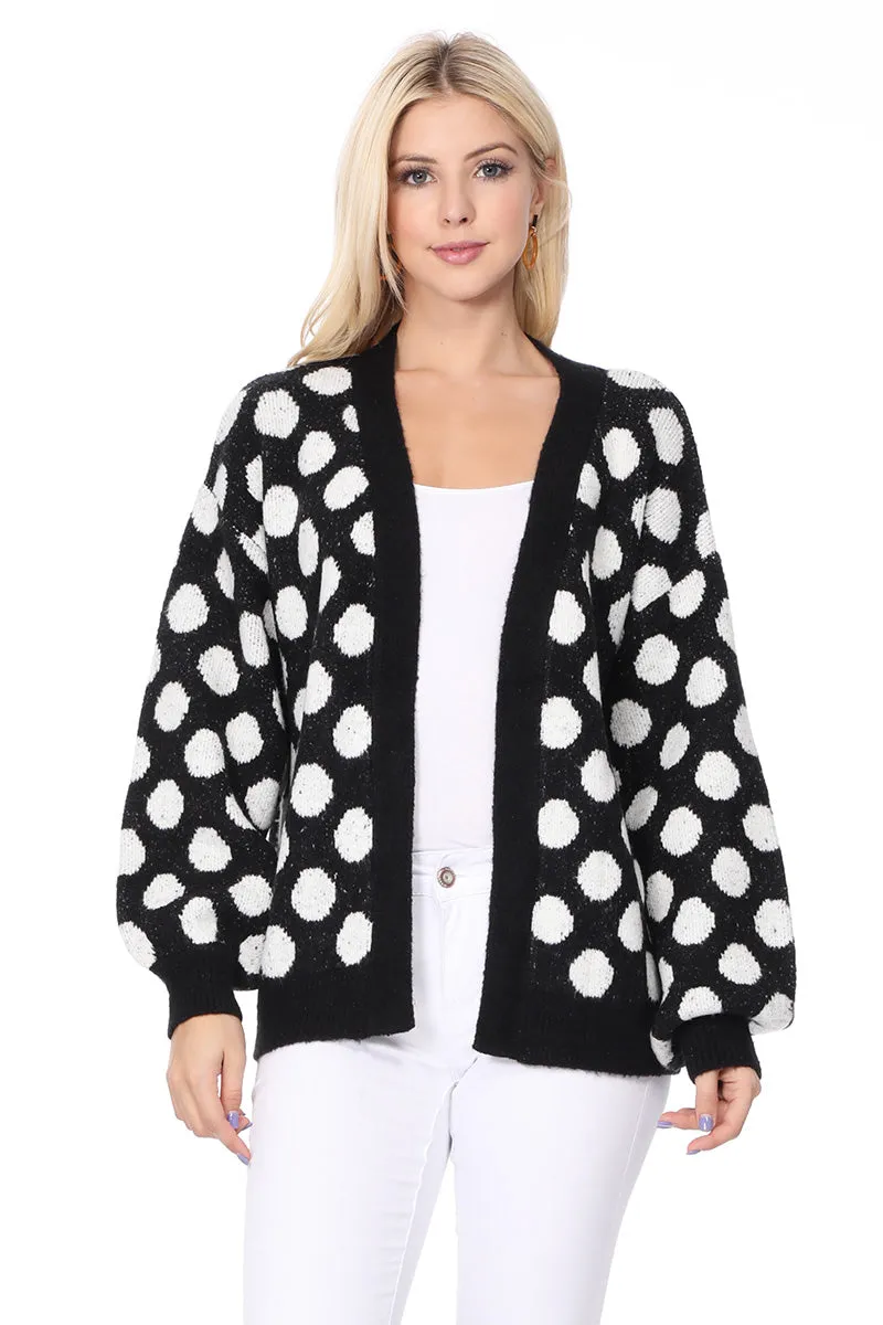 YEMAK Women's Chunky Polka Dot Open Front Long Sleeve Jacket Sweater Cardigan HK8254